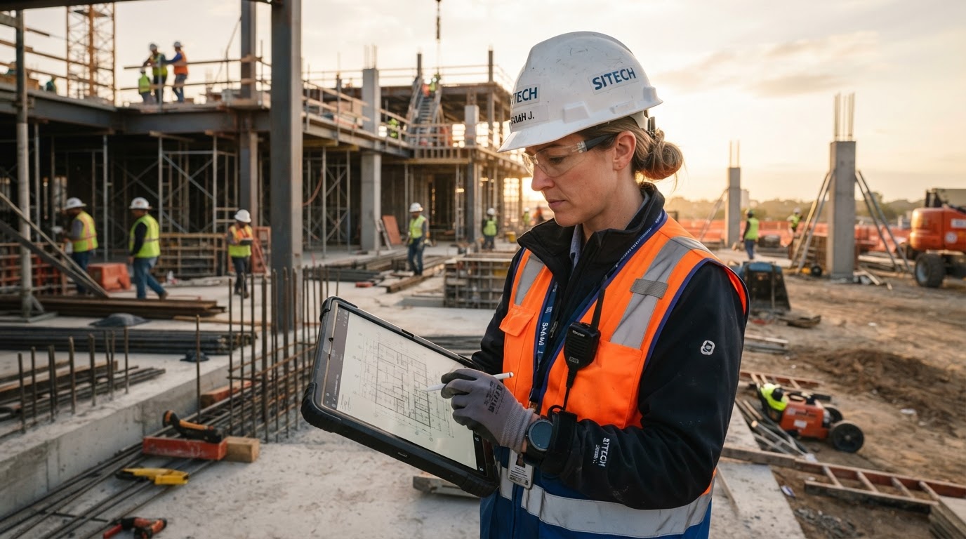 Mason Builders project manager reviewing blueprints on a tablet at a construction site
