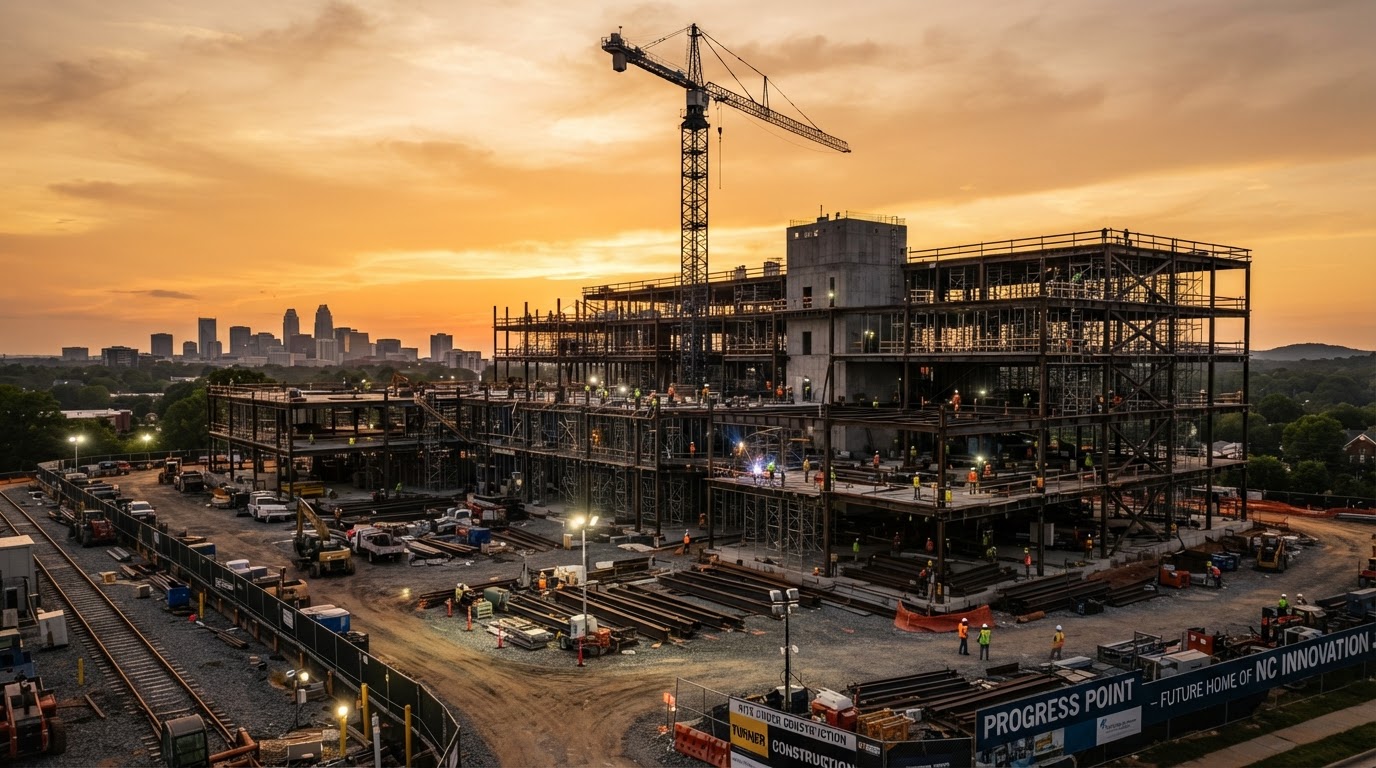 Commercial building under construction at golden hour with crane and steel framework