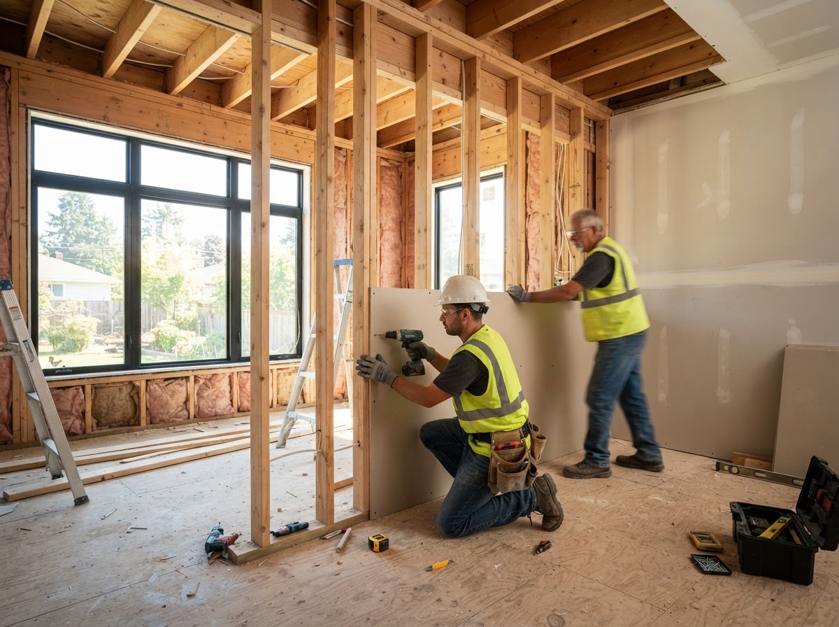 Interior home renovation with new framing and drywall