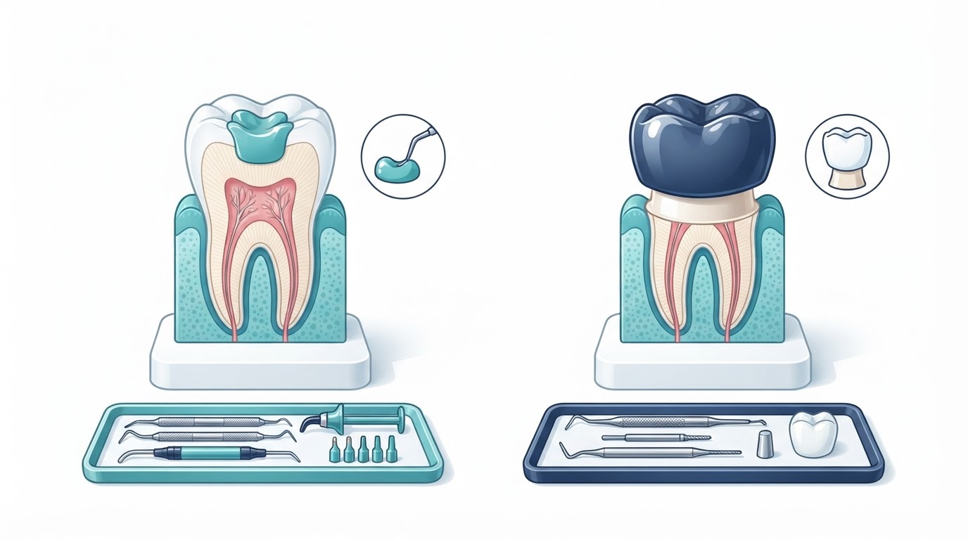 Dental crown and filling restoration comparison on a tooth model