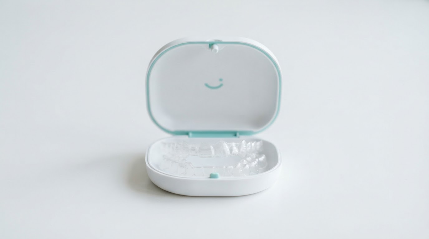 Clear dental aligner trays in an open aligner case