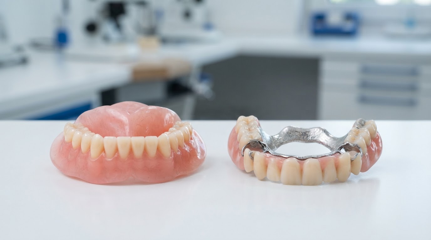 Full denture and partial denture prosthetics shown side by side