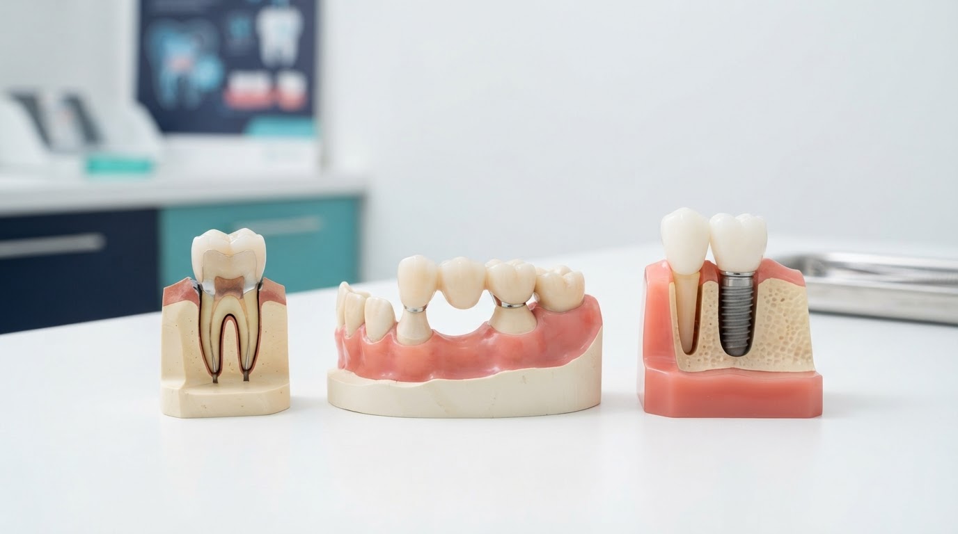 Restorative dentistry models showing a crown, bridge, and implant together