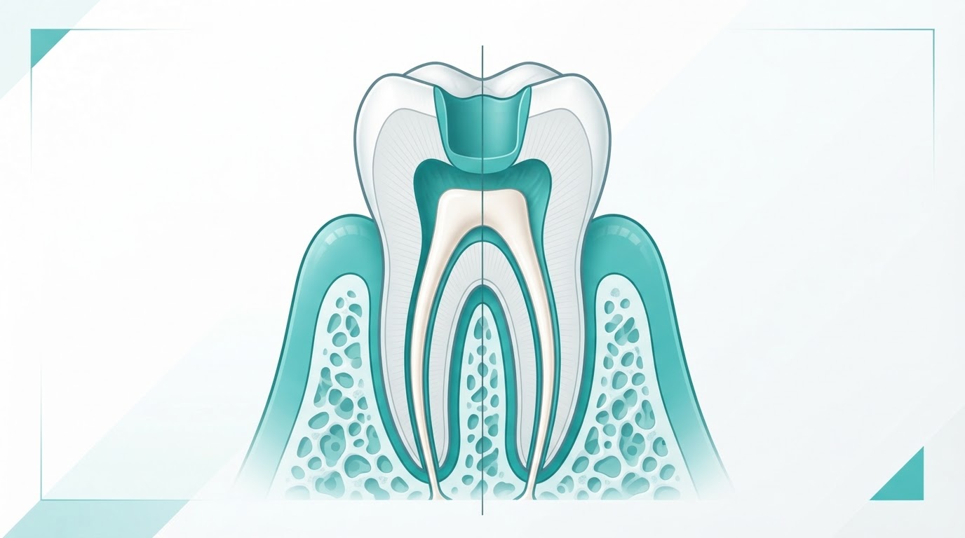 Tooth anatomy illustration showing root canal treatment and sealed canals
