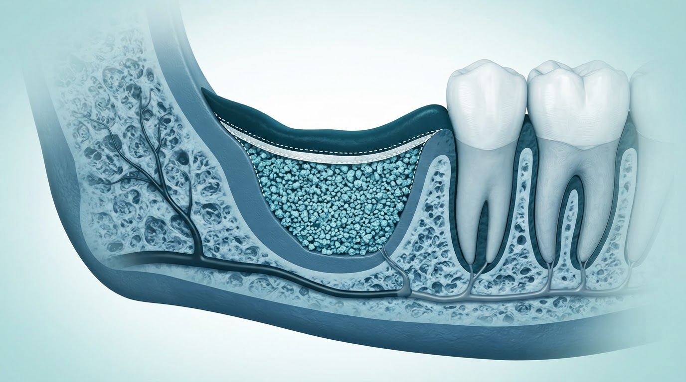 Jawbone illustration showing bone graft material placed at an implant site