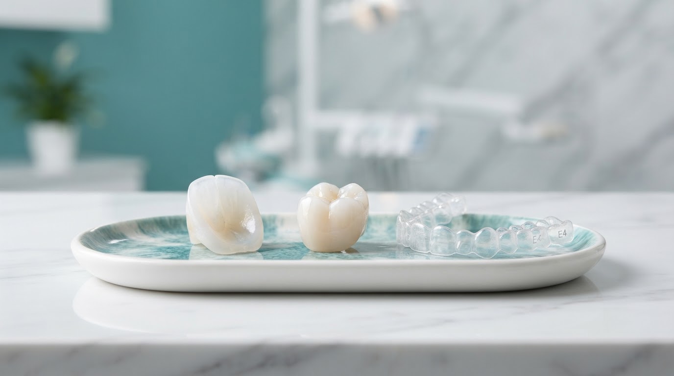 Cosmetic dentistry options including a veneer, crown, and clear aligner tray