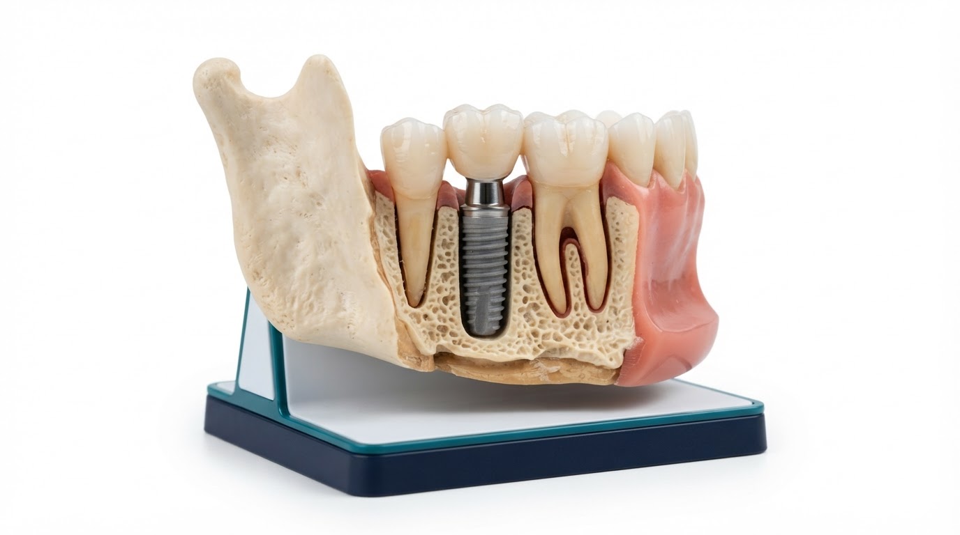 Dental implant model showing implant post, abutment, and crown