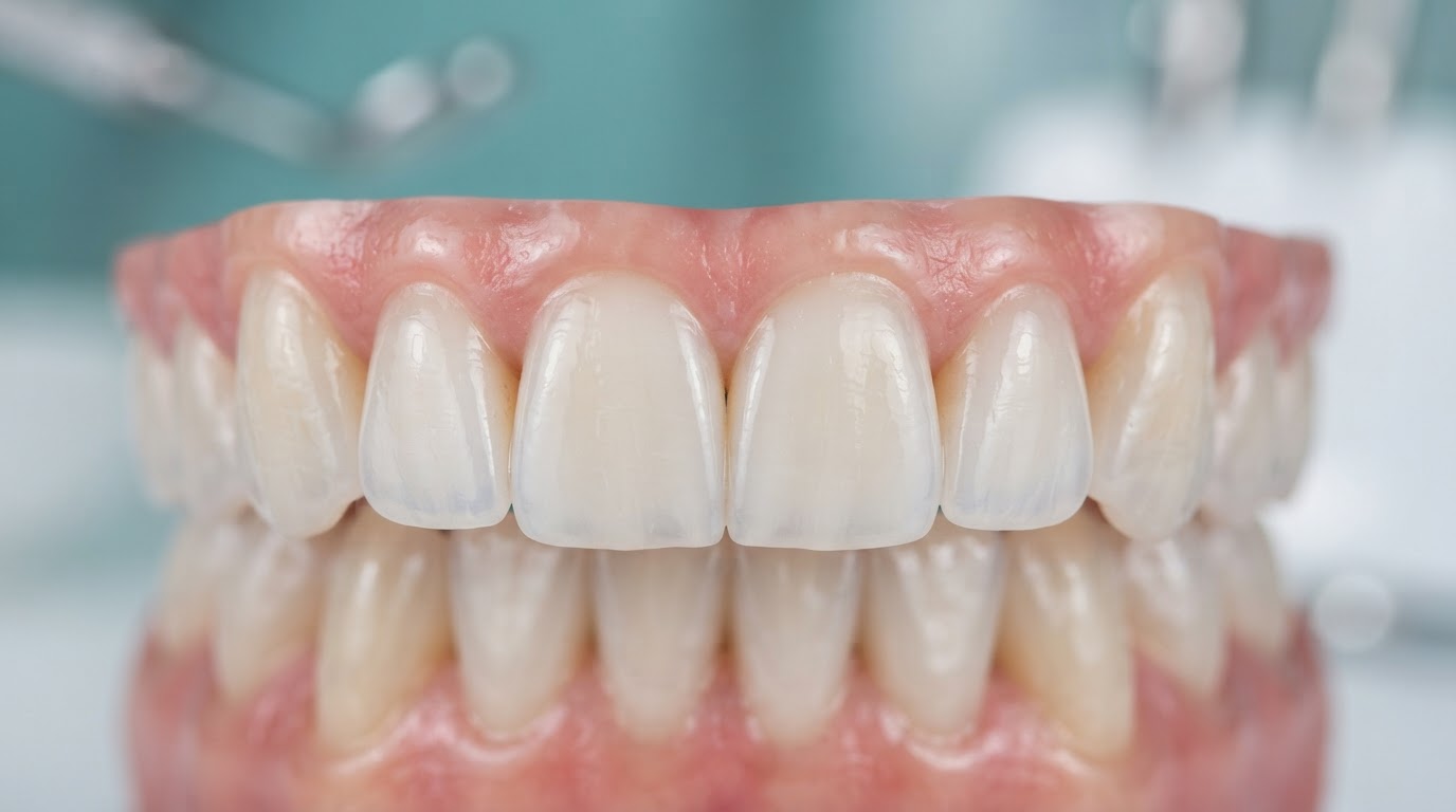 Dental veneer shells on the front surface of upper front teeth
