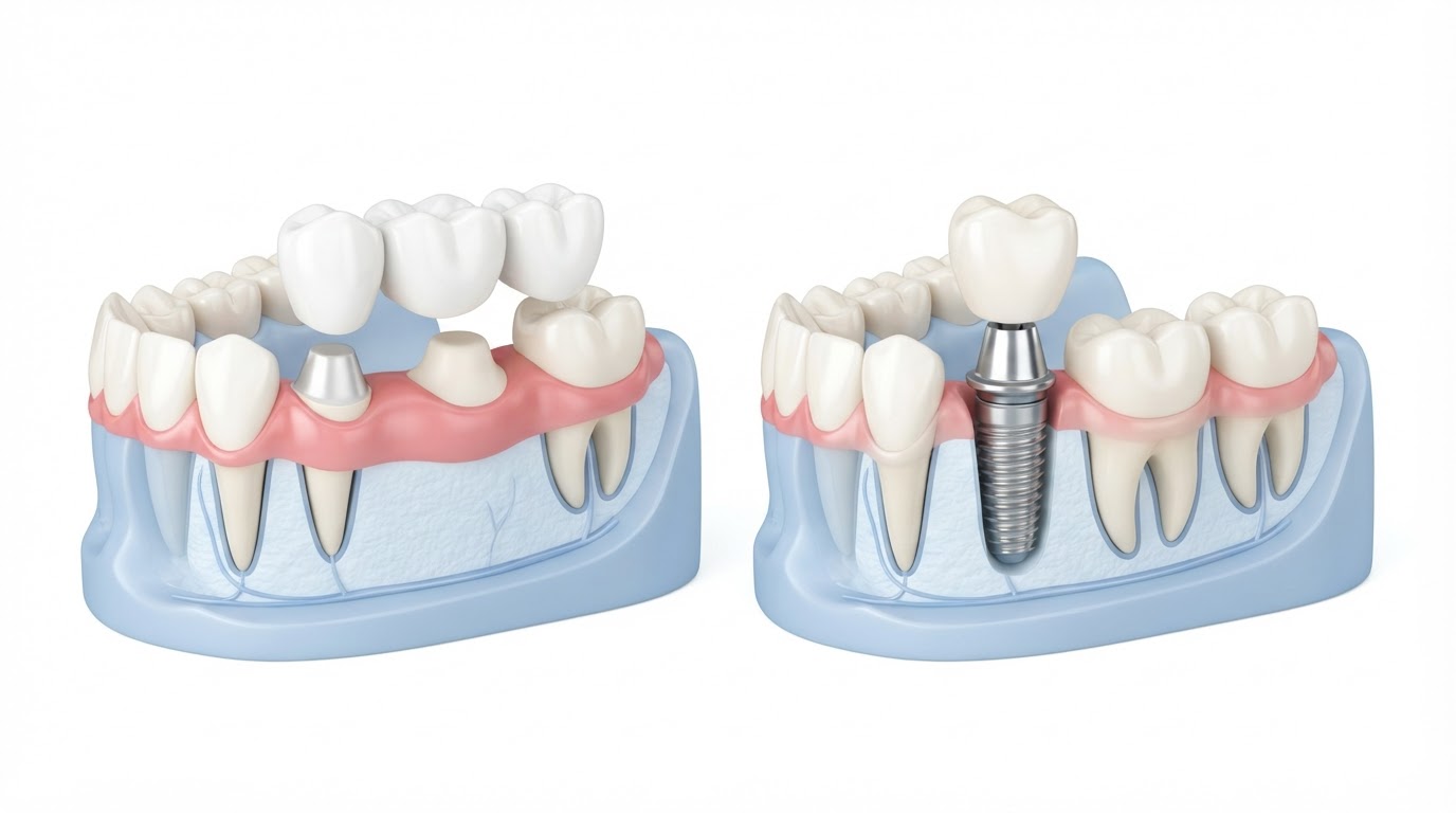Comparison of a dental bridge and a dental implant replacing a missing tooth