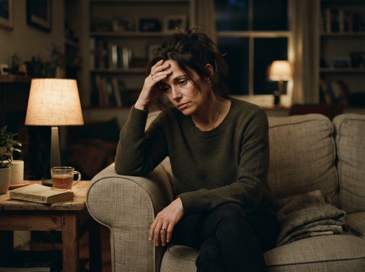 Eine Frau am Abend auf dem Sofa – erschöpft und nachdenklich