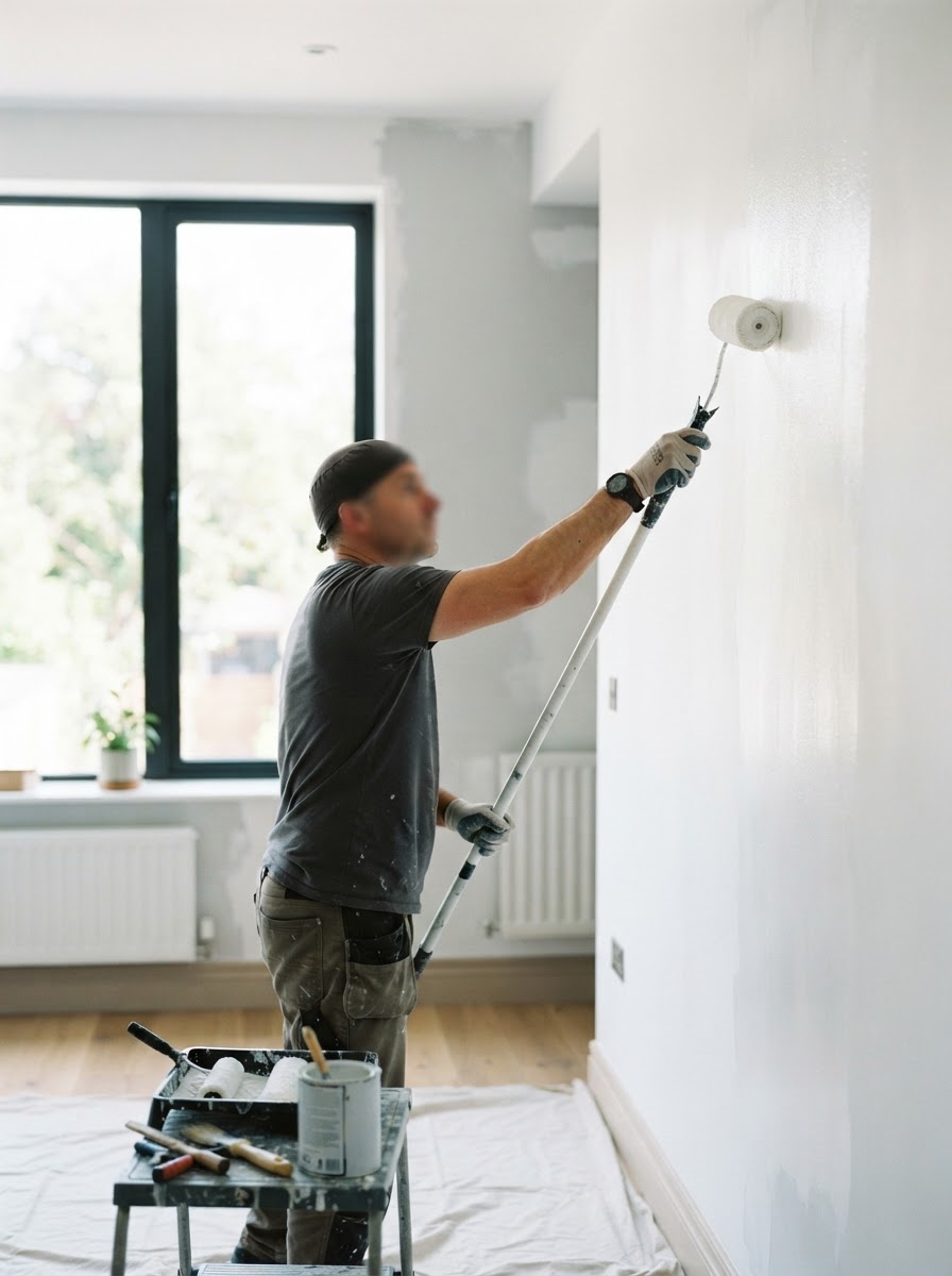 Professional painter applying fresh paint to an interior wall with a roller