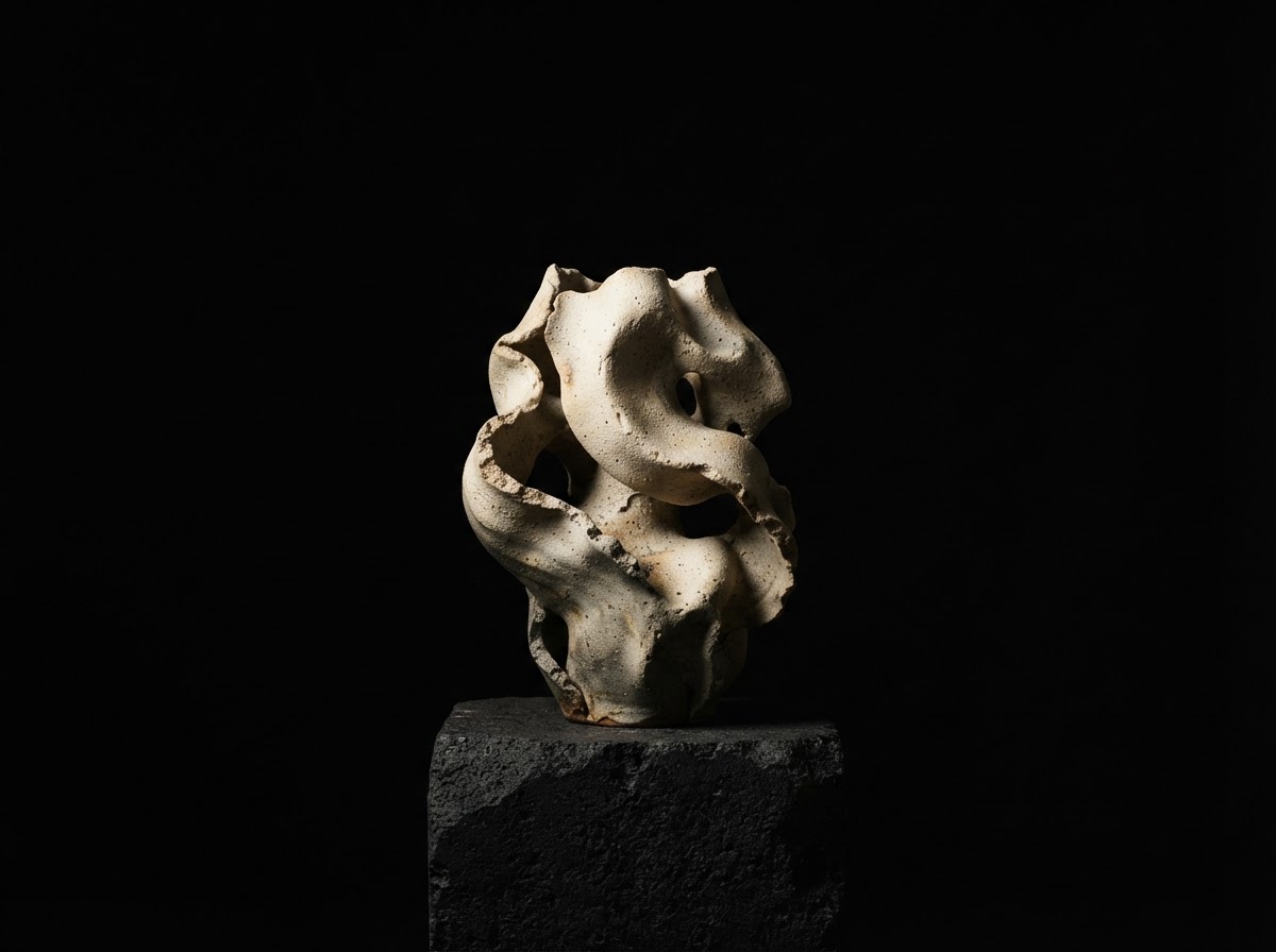 Editorial still life of a sculptural ceramic object on a pedestal with dramatic lighting