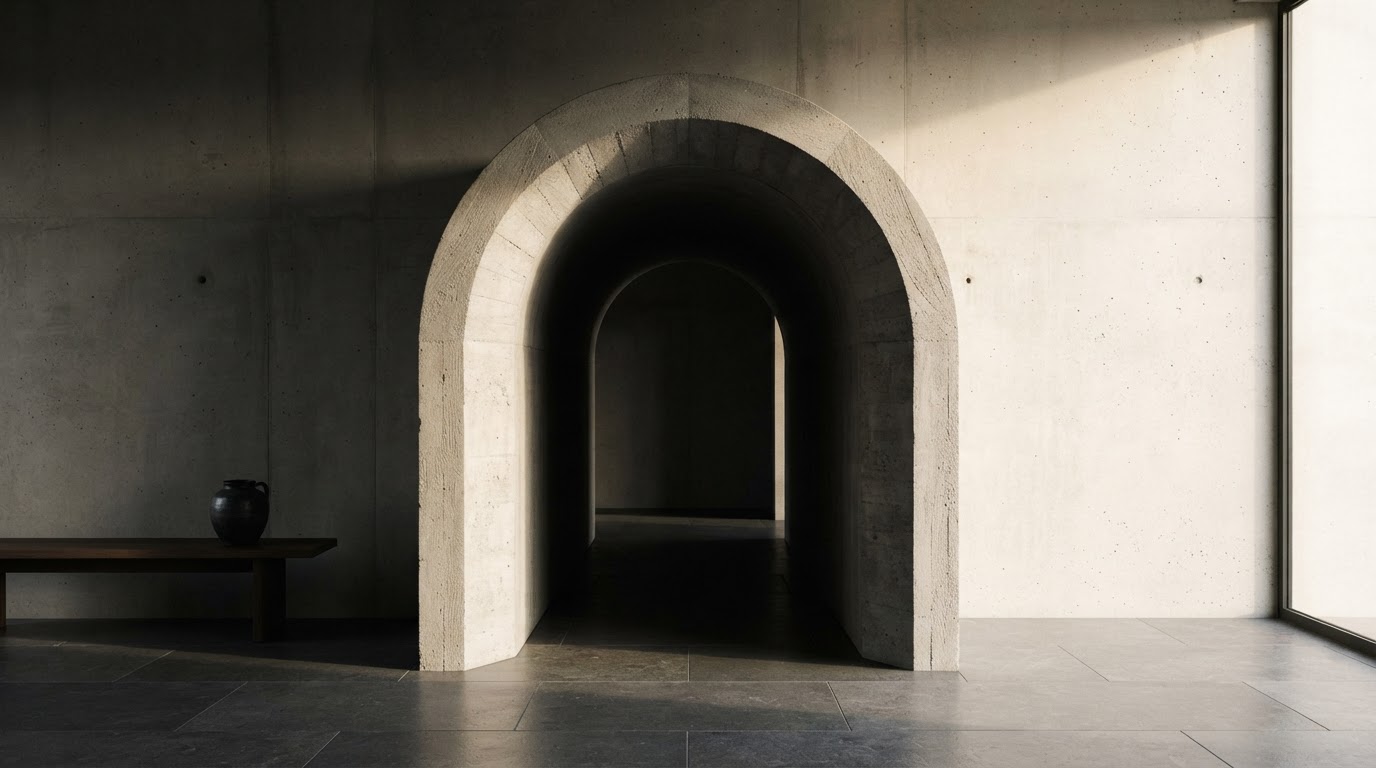 Architectural editorial photograph of a minimal concrete archway with warm ivory light