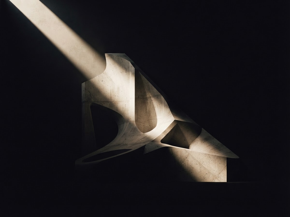 Editorial abstract architectural composition with a shaft of ivory light across a sculptural concrete form