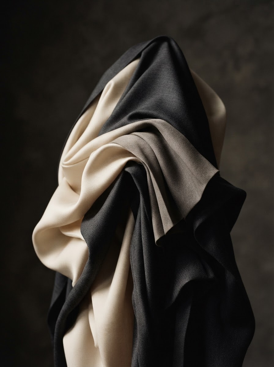 Editorial close-up of sculptural draped fabric in charcoal and ivory