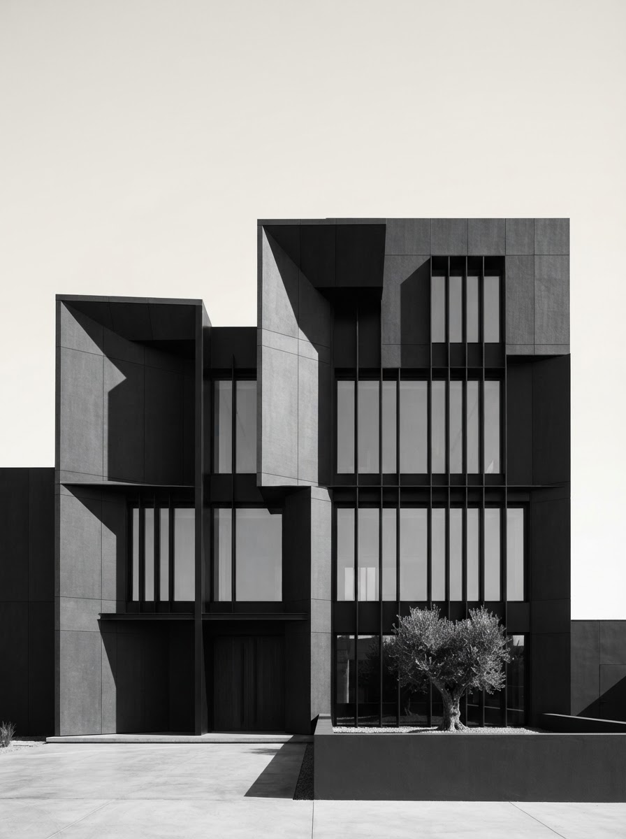 Minimal modern building facade with geometric lines in charcoal against an ivory sky