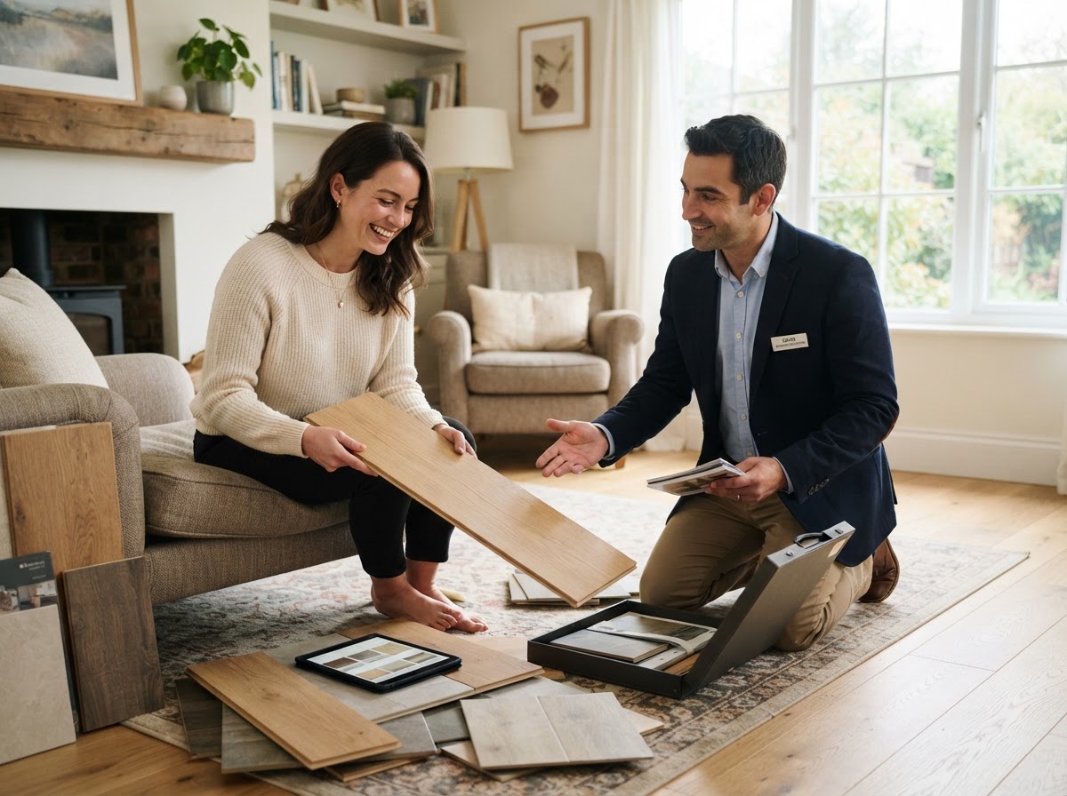Luxe Flooring consultant with homeowner