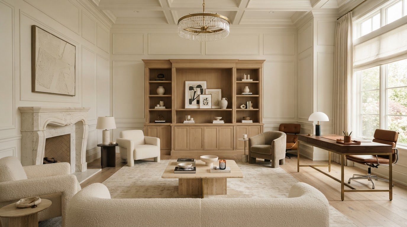 Luxury neutral living room with white oak built-ins and wainscotting