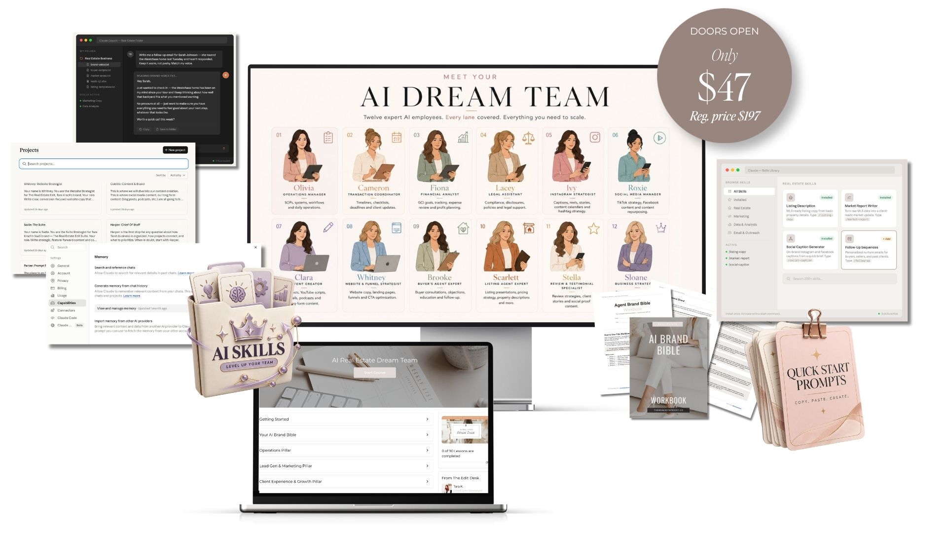 The AI Real Estate Dream Team — full course mockup including the 12-person AI team, Brand Bible, Quick Start Prompts, AI Skills library, and course portal