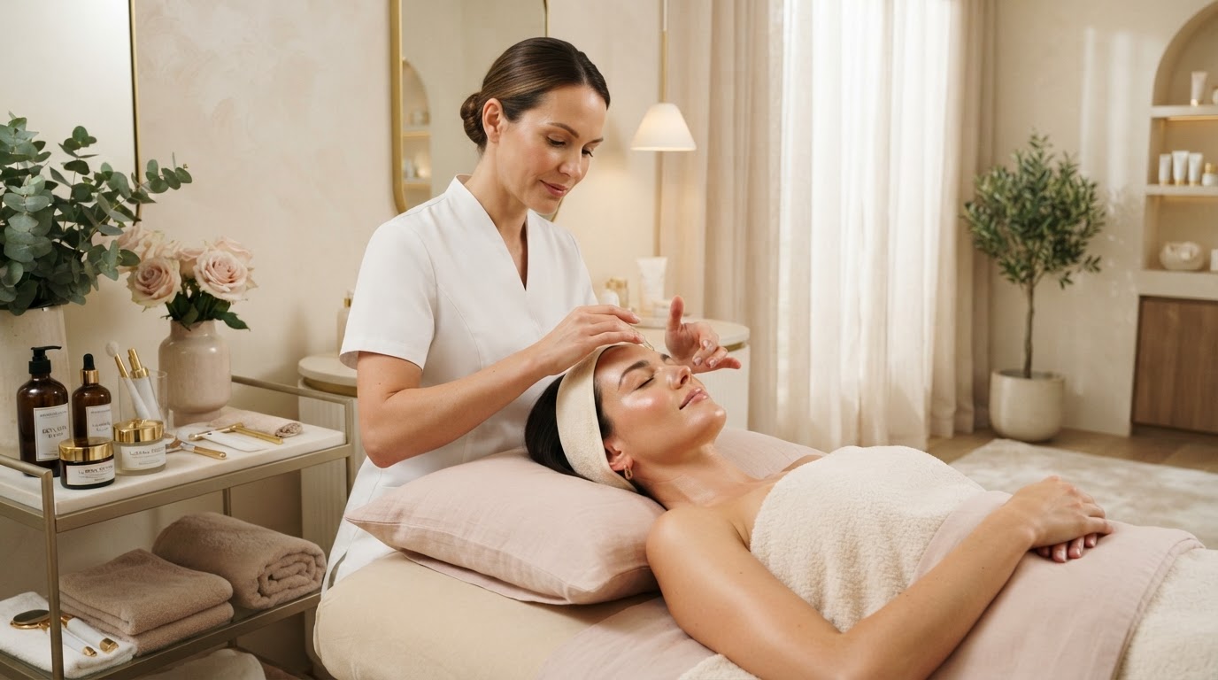 Professional esthetician performing a facial treatment in a luxury spa