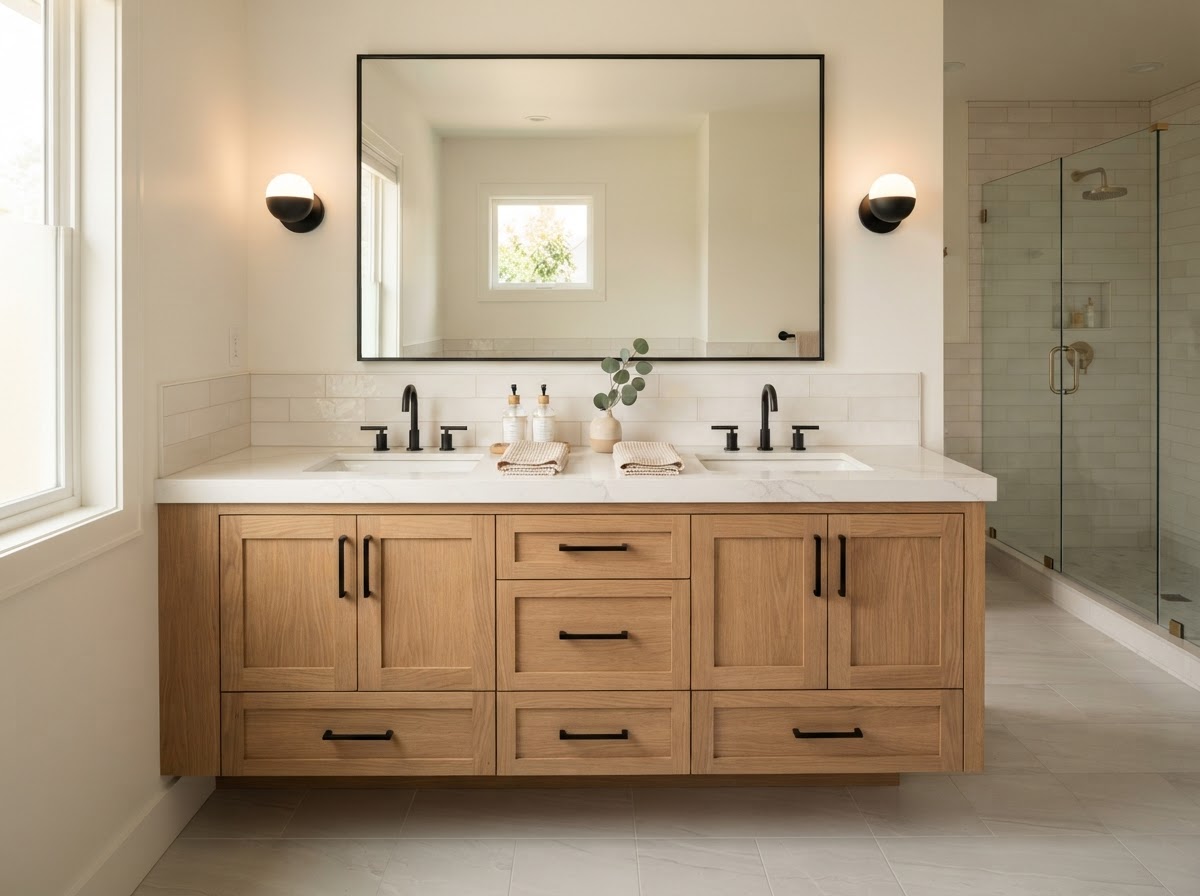 Newly installed bathroom vanity with double sink, quartz countertop, and mirror