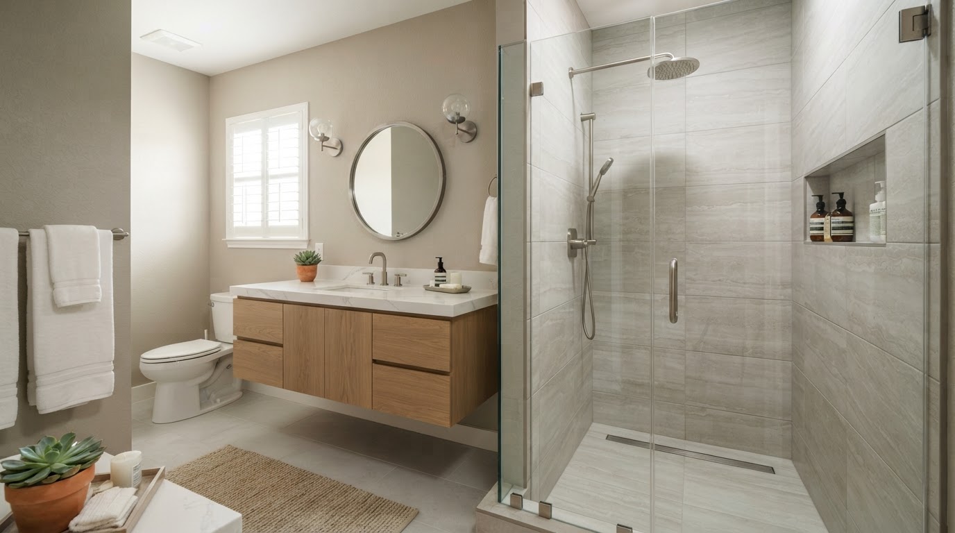 Remodeled bathroom with a tiled walk-in shower and floating vanity in a San Angelo home