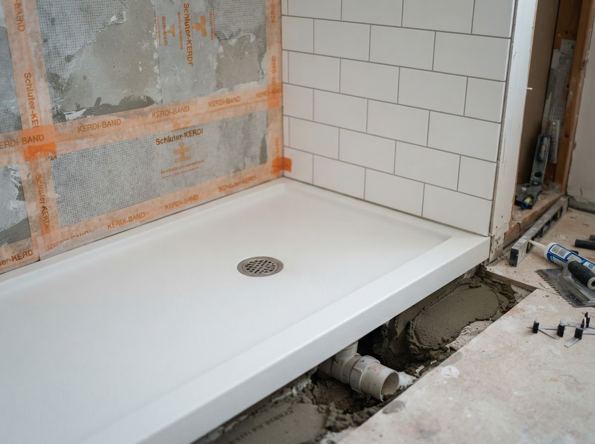 Shower pan replacement showing a new solid surface shower base being installed