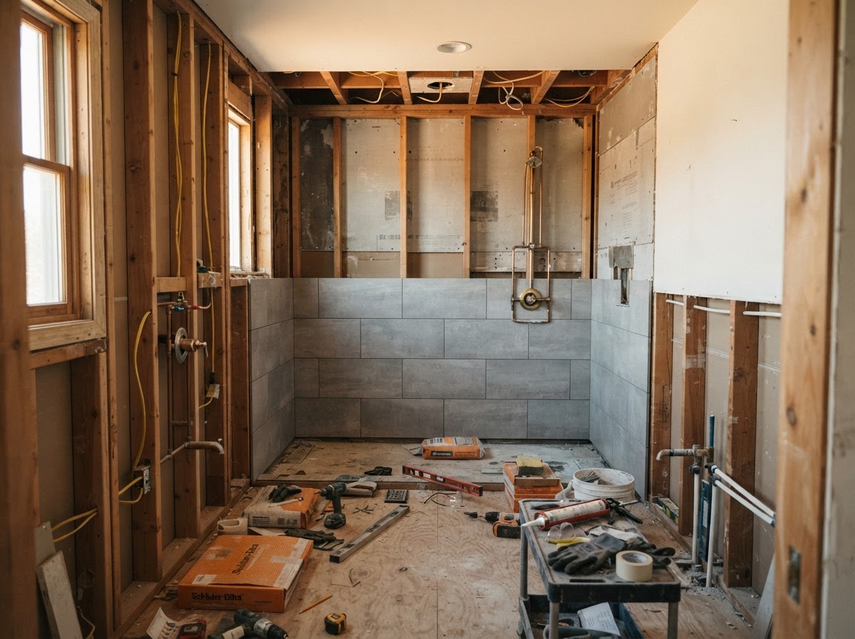 Bathroom mid-remodel with new framing and partially tiled shower wall