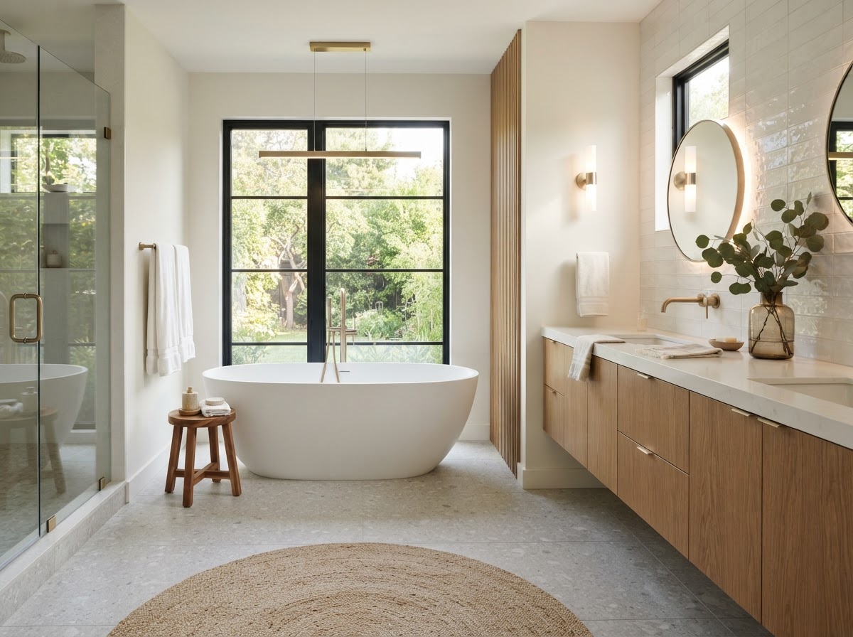 Newly installed freestanding bathtub in a remodeled bathroom with tile flooring