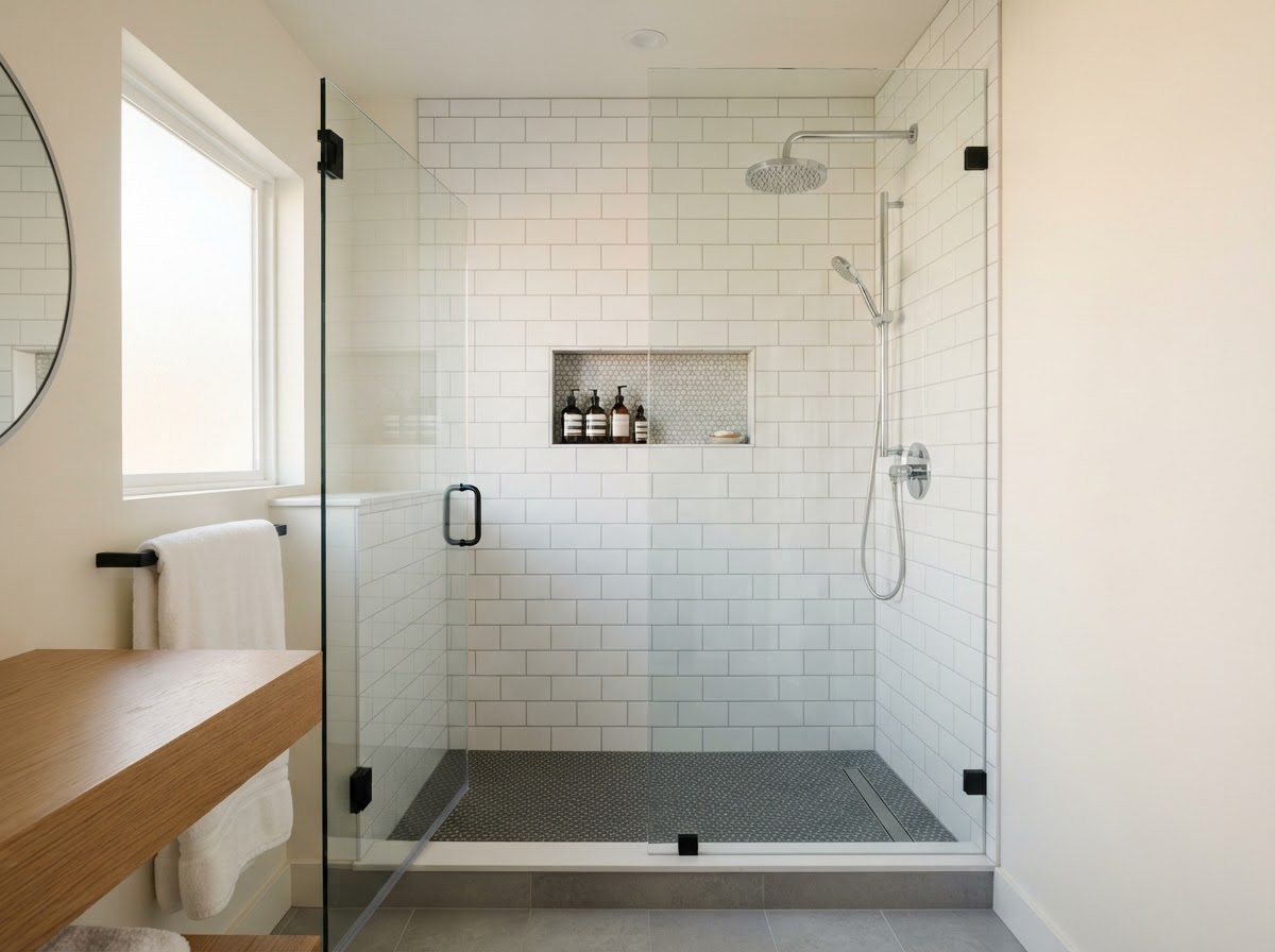 Renovated walk-in shower with subway tile walls and frameless glass door
