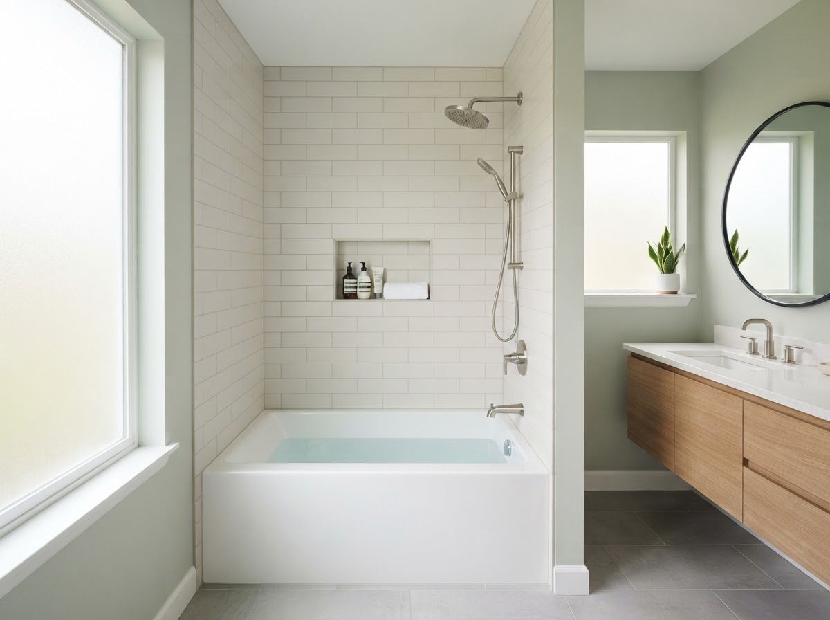 Newly replaced bathtub with white tub, tile surround, and updated fixtures