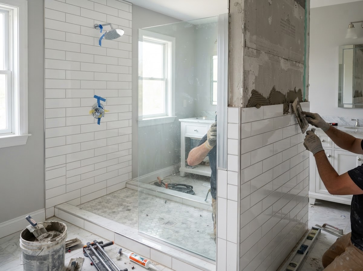 Shower remodeling project with new tile being installed on shower walls