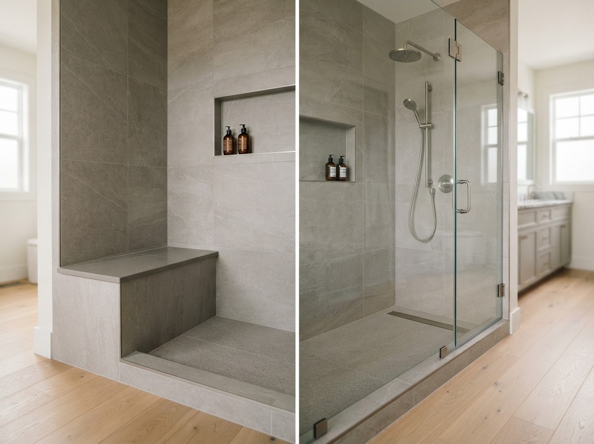 Custom tiled shower with large-format porcelain wall tile and built-in niche