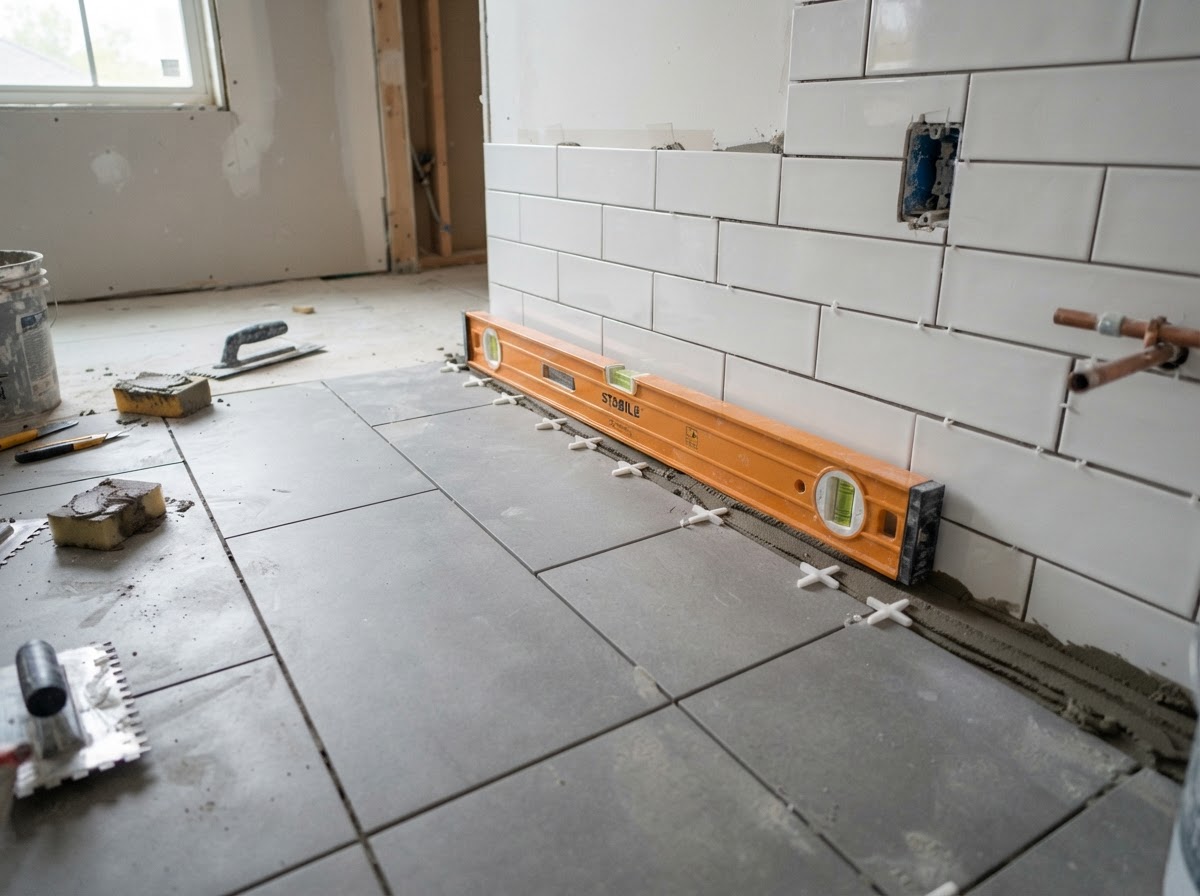 Bathroom tile installation detail showing tile layout with spacers and grout lines
