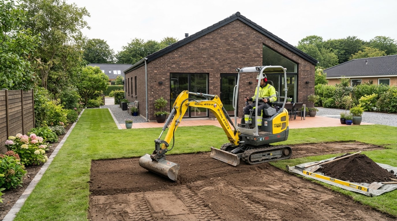 Minigraver i arbejde ved dansk villa i gang med præcis planering og havearbejde