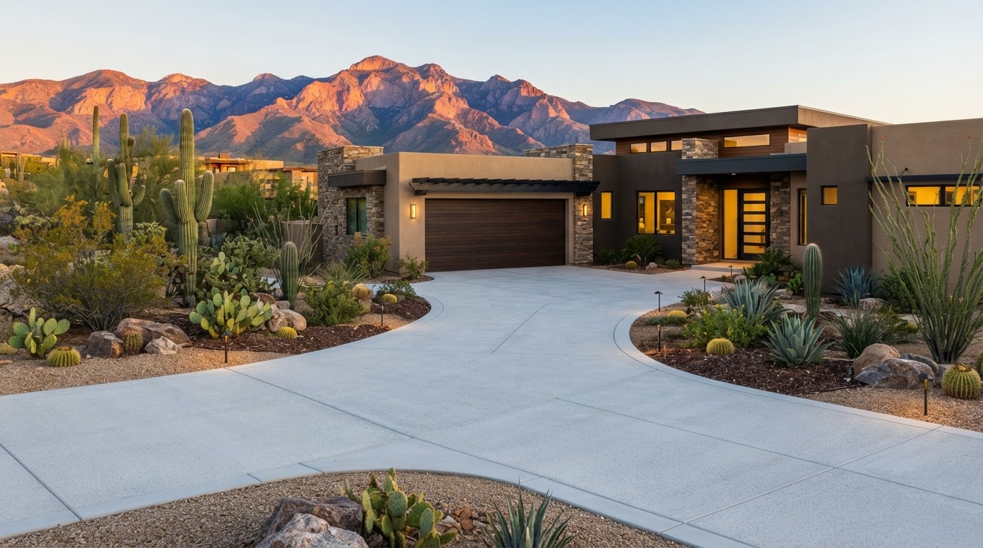 Newly poured smooth concrete driveway at a desert home in Oro Valley, AZ