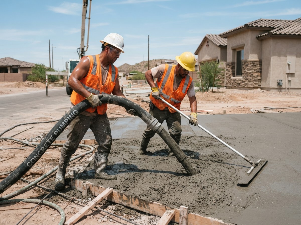Concrete workers guiding a pump hose across a fresh pour on an Arizona driveway