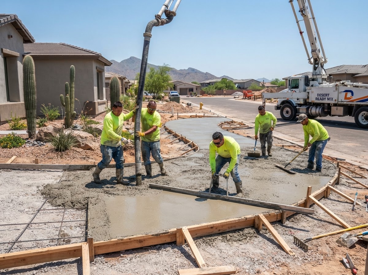 Concrete crew placing fresh concrete into forms before it sets in the desert heat