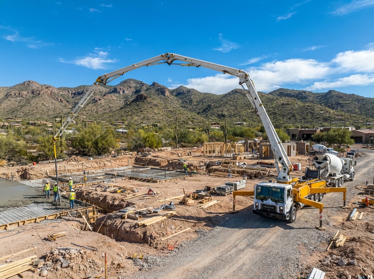 Concrete pump truck boom reaching across a residential pour site in Oro Valley, AZ