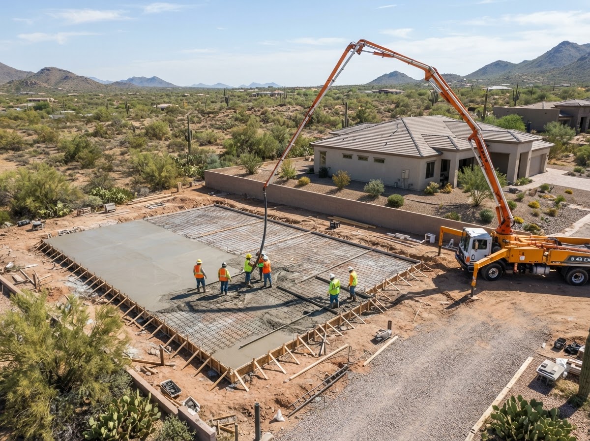 Aerial view of a large concrete slab pour with a pump truck boom in Oro Valley, AZ
