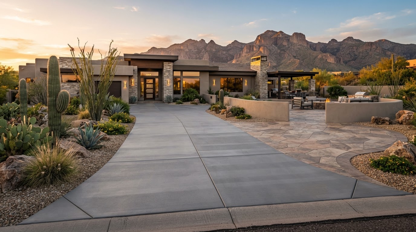 Finished concrete driveway and stamped concrete patio at a desert home in Oro Valley, AZ