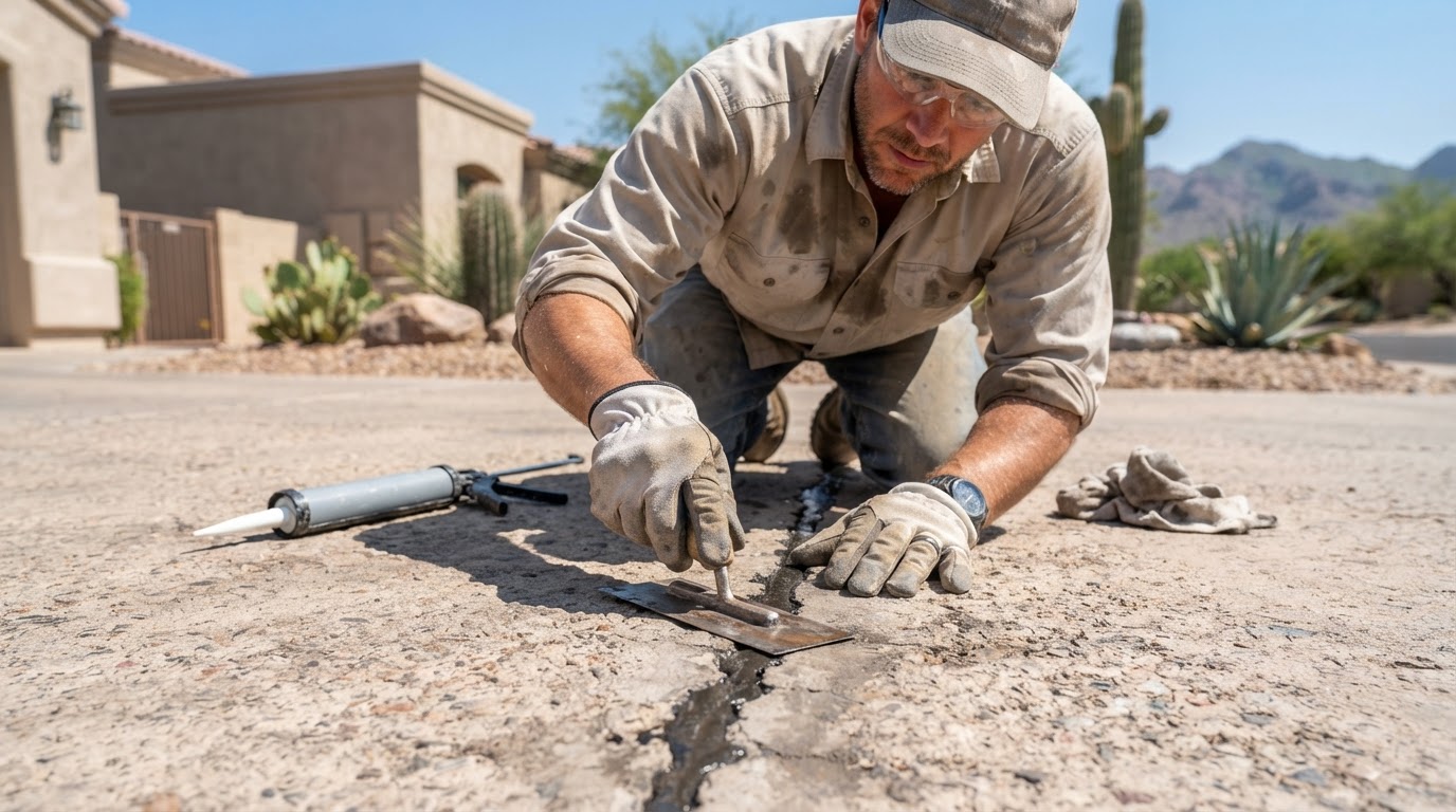 Concrete contractor repairing a cracked driveway slab with epoxy in Oro Valley, AZ