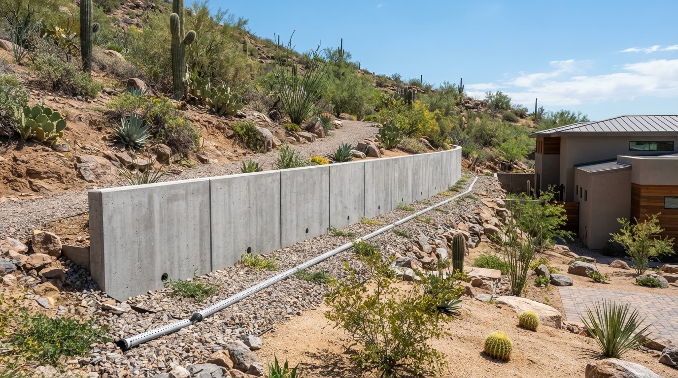 Newly built concrete retaining wall on a sloped desert lot in Oro Valley, AZ