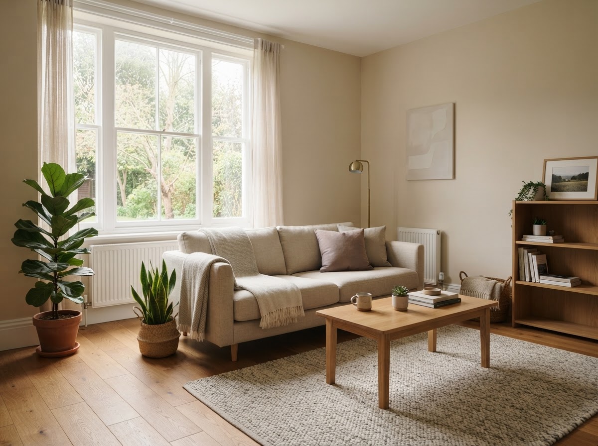 A clean, bright, simply furnished living room