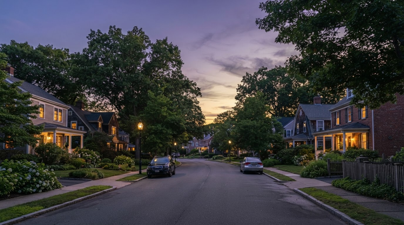 A quiet residential neighborhood at dusk