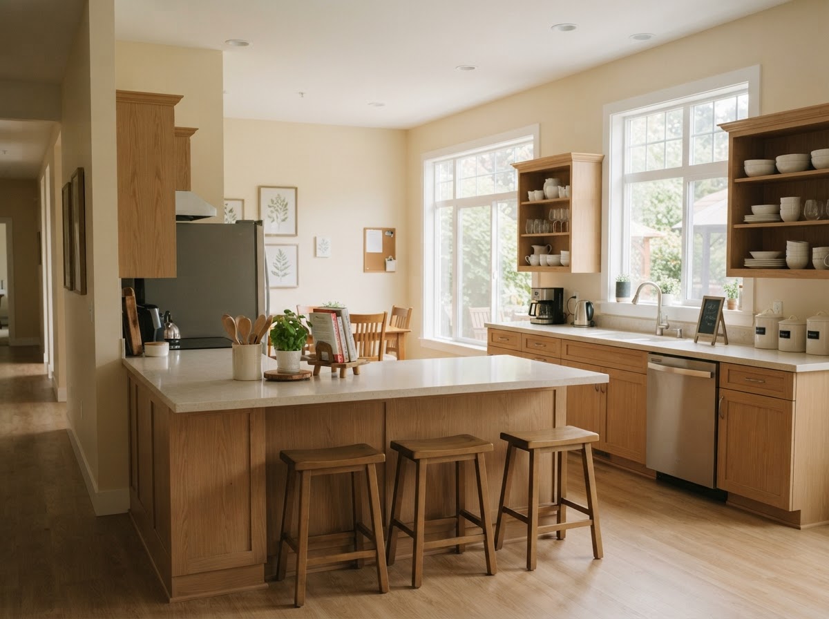 A clean, bright shared kitchen
