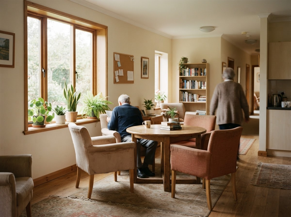 A quiet, sunlit community common room