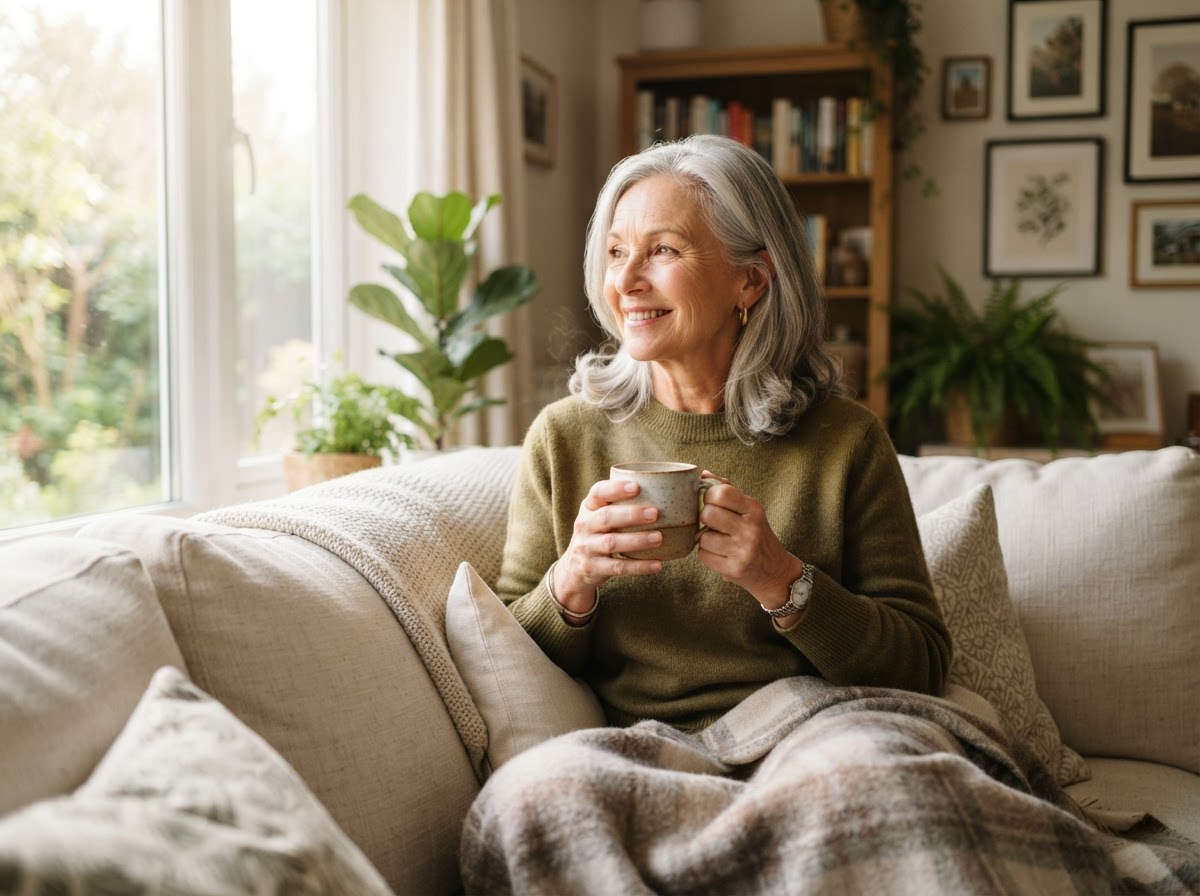 Silver-haired woman sitting comfortably with coffee mug