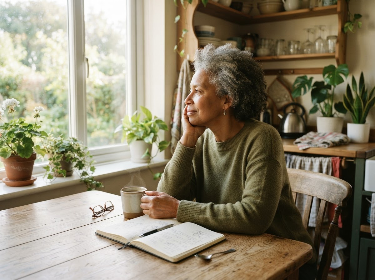 Mature woman relaxing thoughtfully at her kitchen table at home