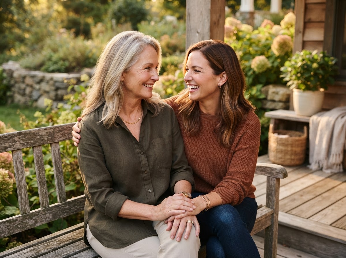 Mother and adult daughter sharing a supportive moment outdoors